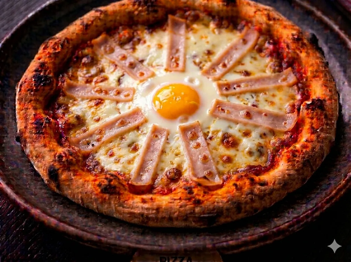 Pizza mit Putenschinken und Ei
